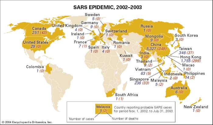 SARS salgını, 2002–03 Kaynak: Encyclopædia Britannica, Inc.